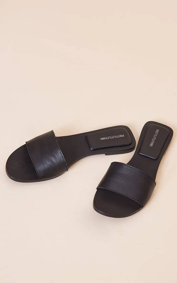 Black Leather Round Toe Basic Strap Mule Sandals