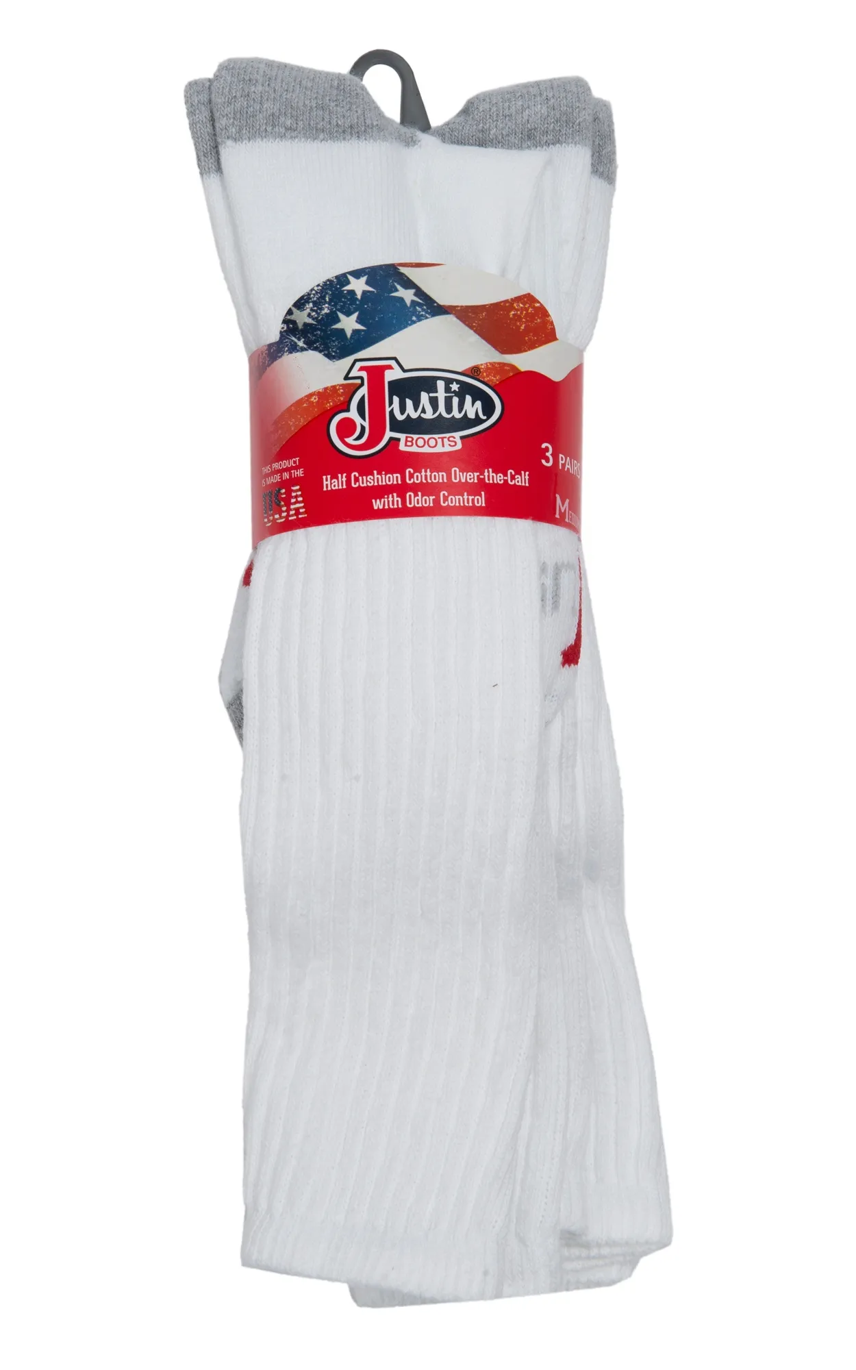 Justin Men's White Half Cushion Cotton Over The Calf with Odor Control 3Pk Boot Socks - XL