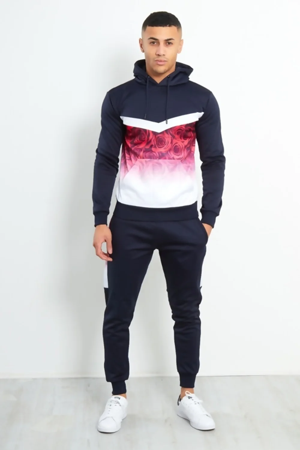 Mens Navy Slim Fit Two Tone Rose Print Tracksuit 