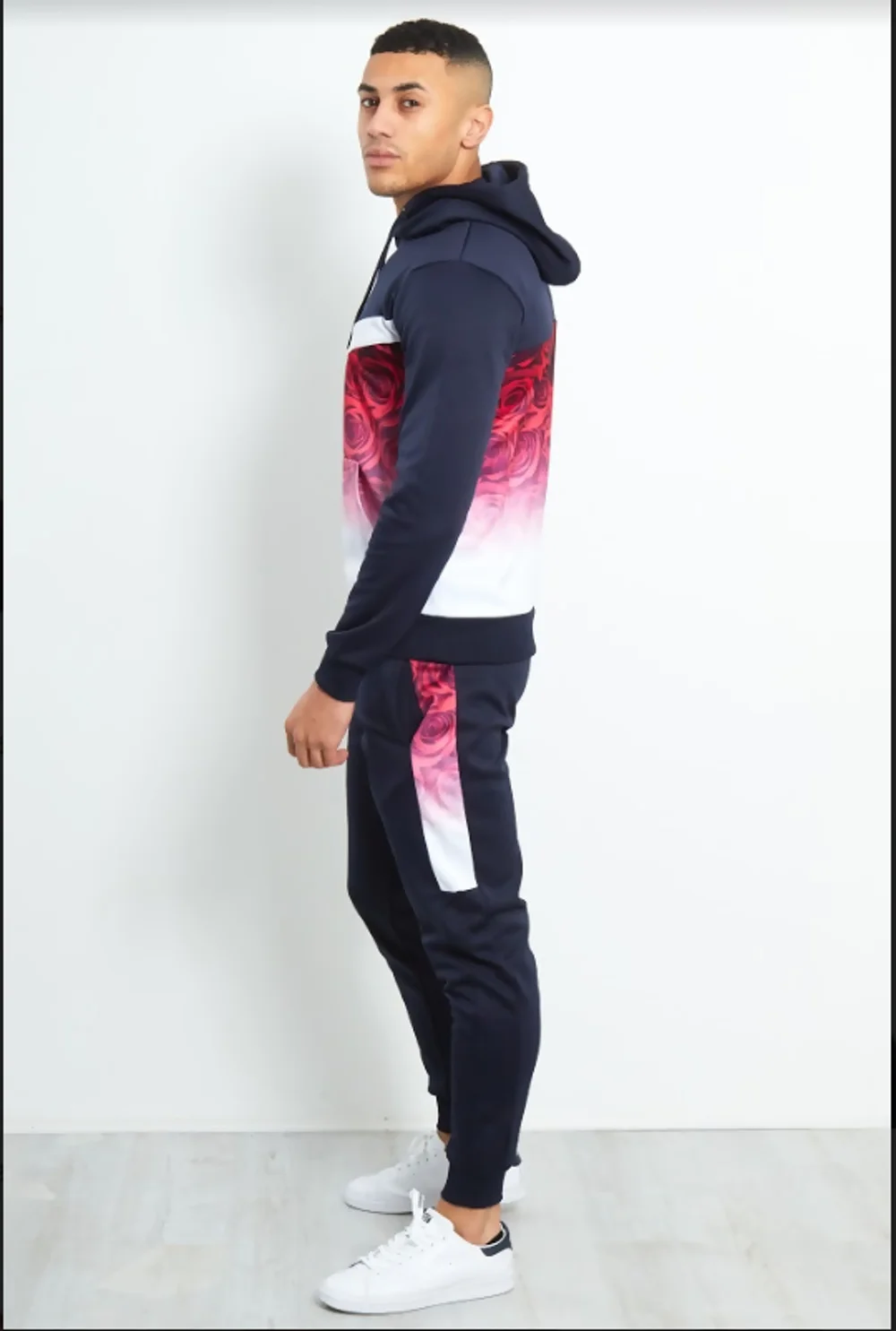 Mens Navy Slim Fit Two Tone Rose Print Tracksuit 