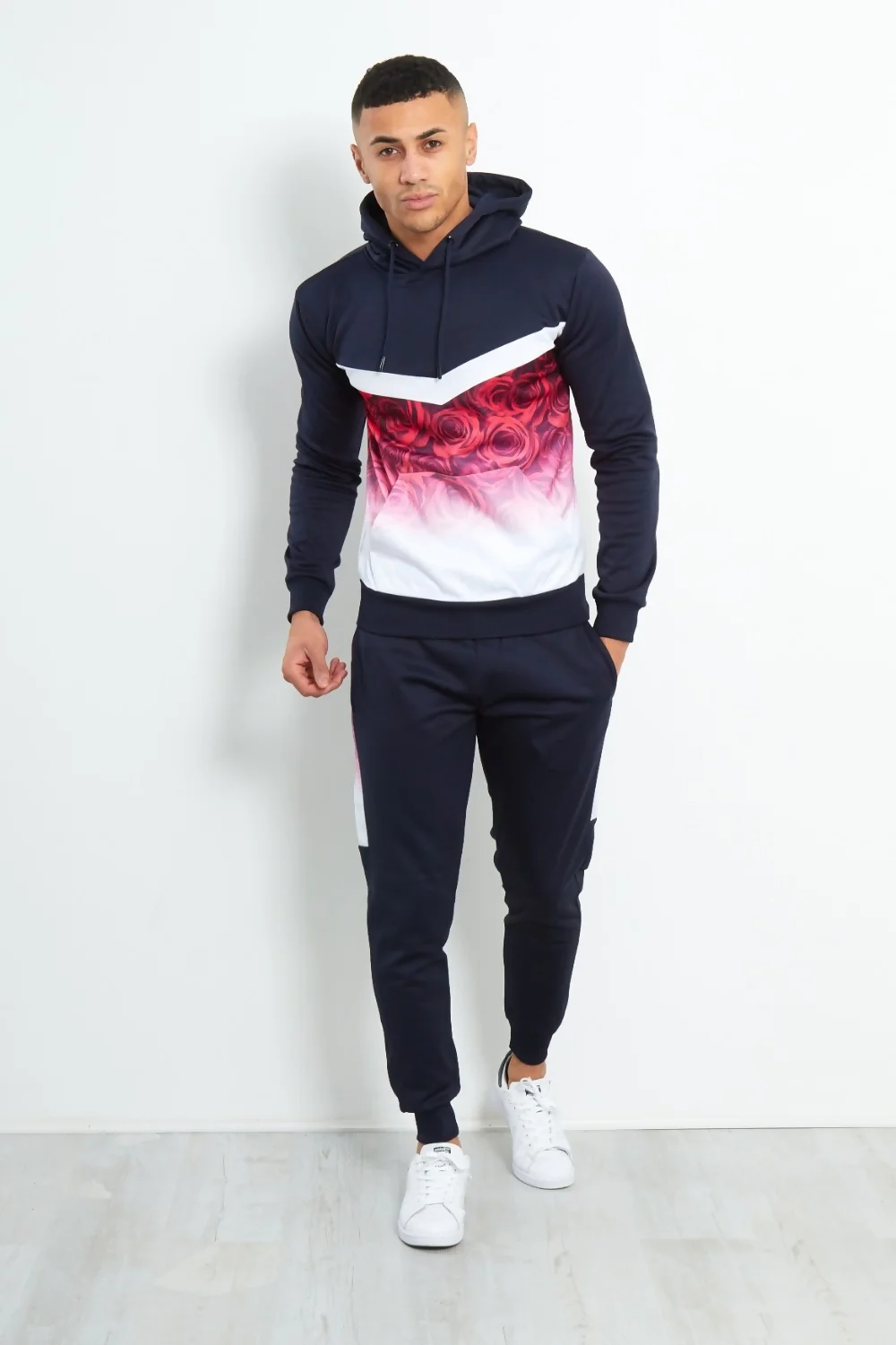 Mens Navy Slim Fit Two Tone Rose Print Tracksuit 