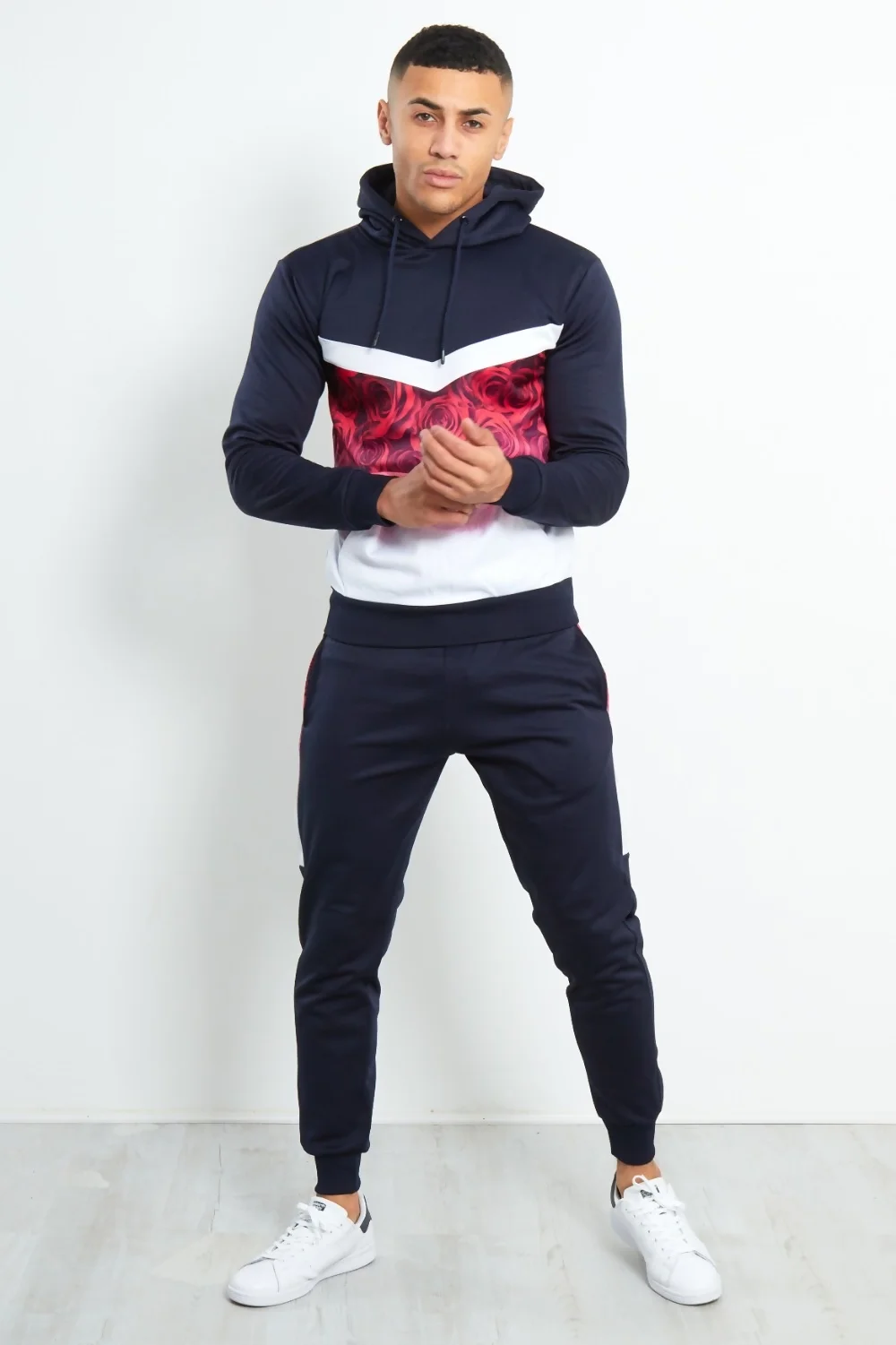 Mens Navy Slim Fit Two Tone Rose Print Tracksuit 