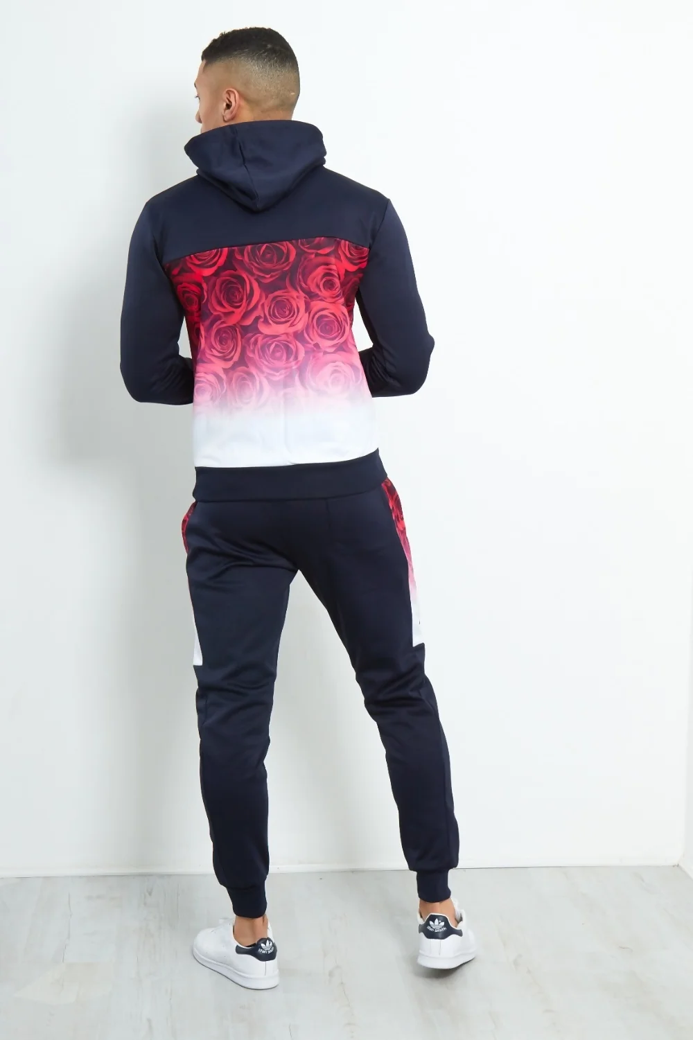 Mens Navy Slim Fit Two Tone Rose Print Tracksuit 