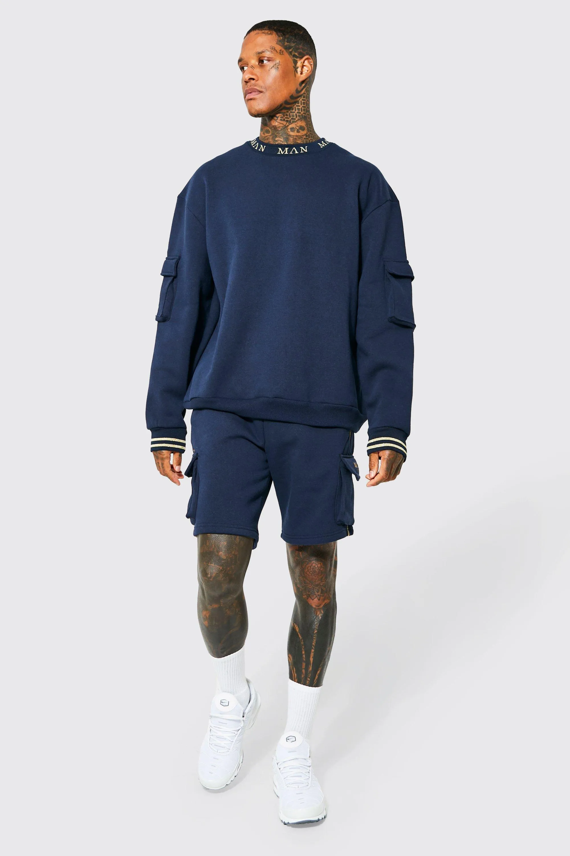 Oversized Cargo Short Tracksuit With Piping | boohooMAN UK