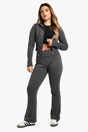 Petite Deep Hem Shrunken Zip Through And Flared Jogger Tracksuit