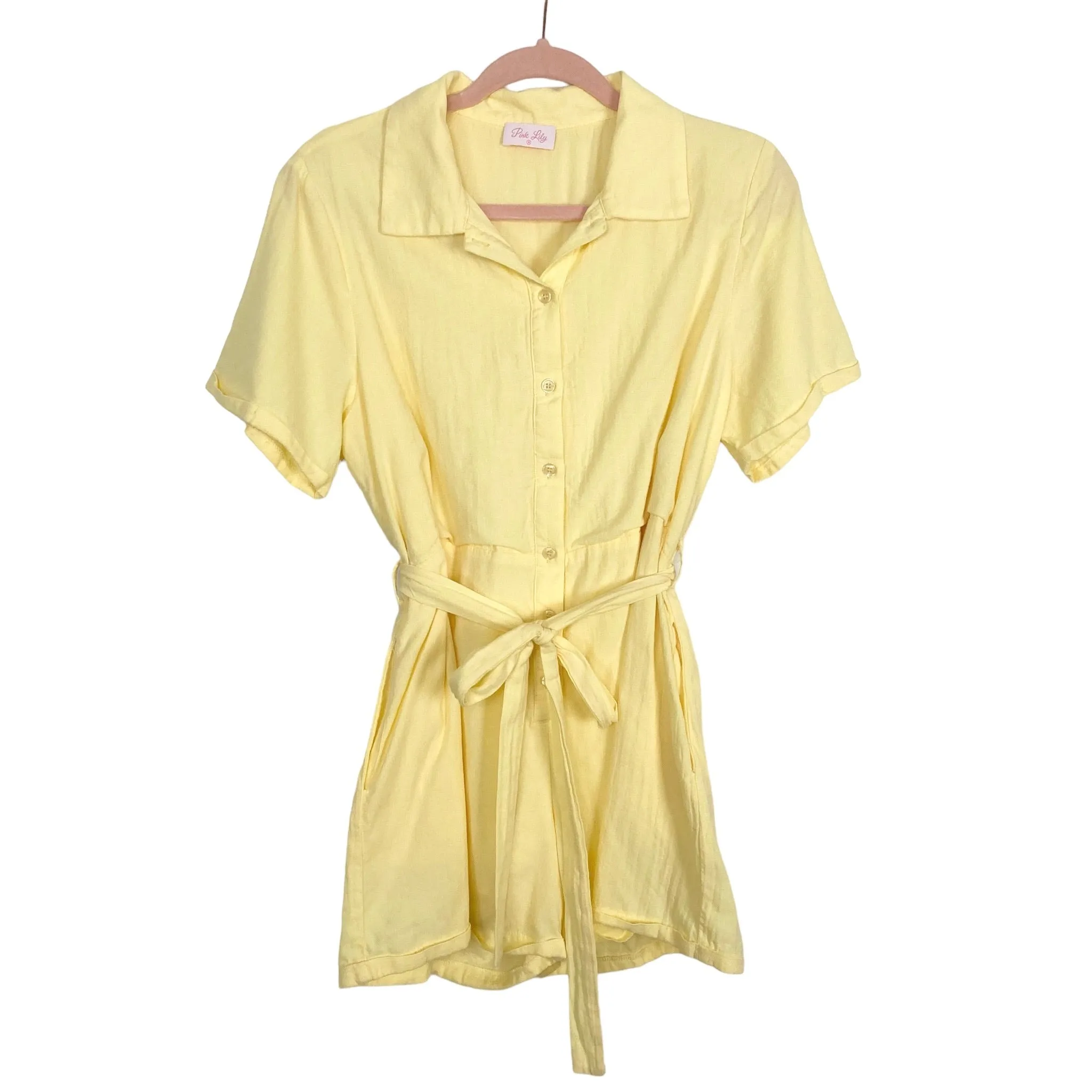 Pink Lily Yellow Button Up Belted Romper- Size M