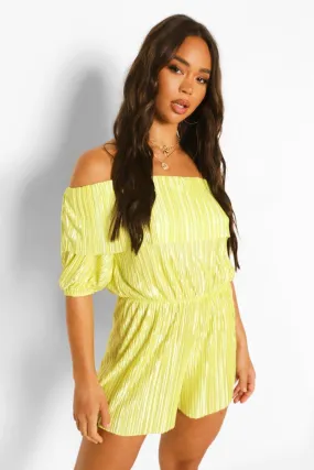 Plisse Off The Shoulder Frill Puff Sleeve Romper