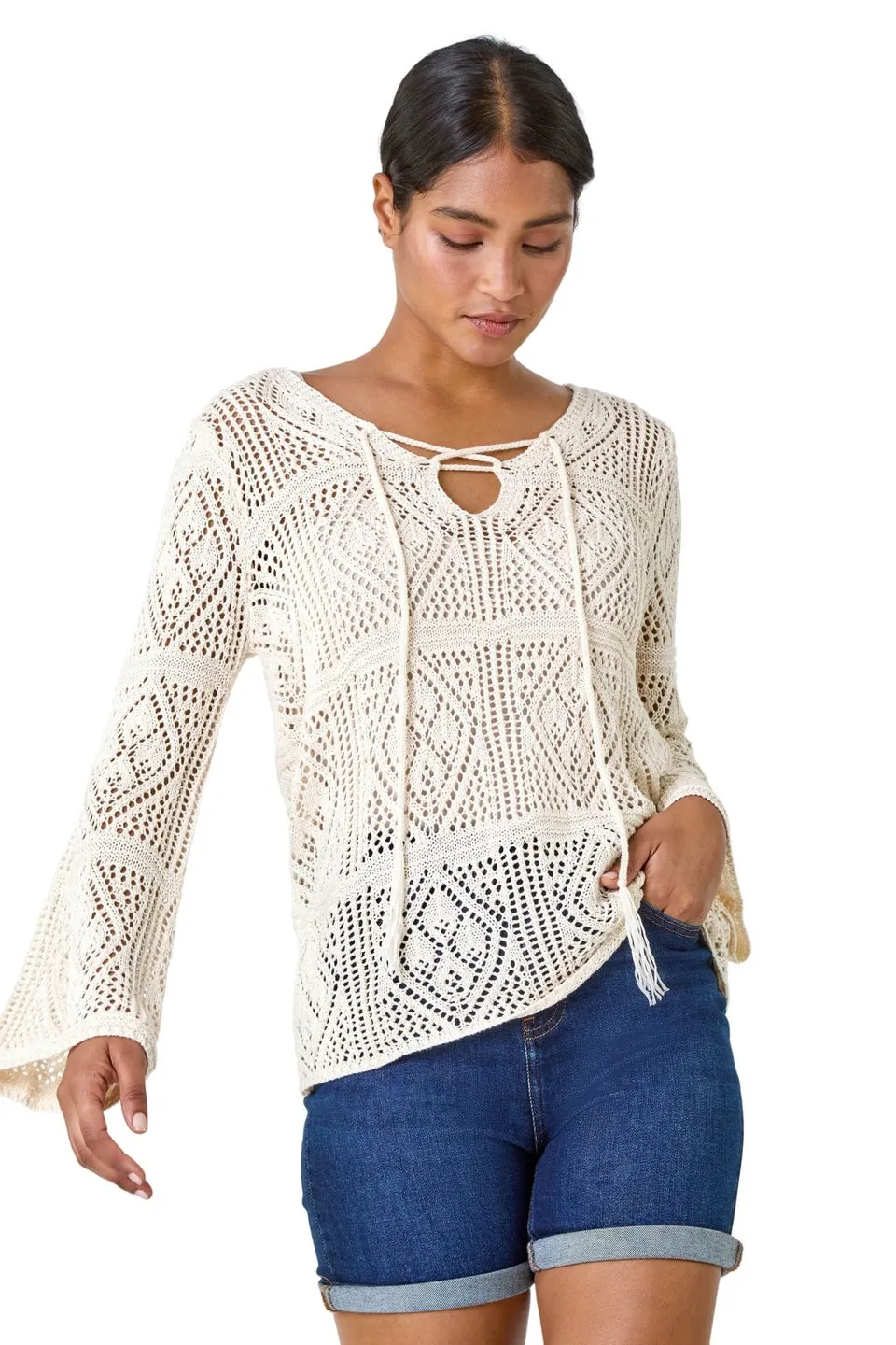 Roman Ivory Crochet Tie Front  V-Neck Tunic Top