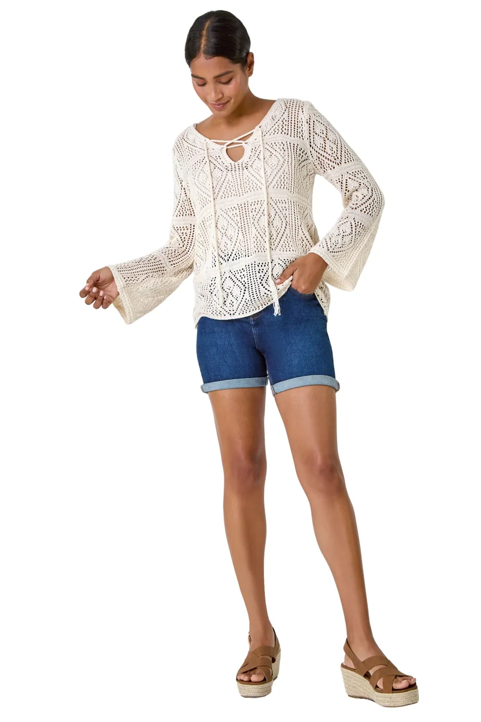 Roman Ivory Crochet Tie Front  V-Neck Tunic Top