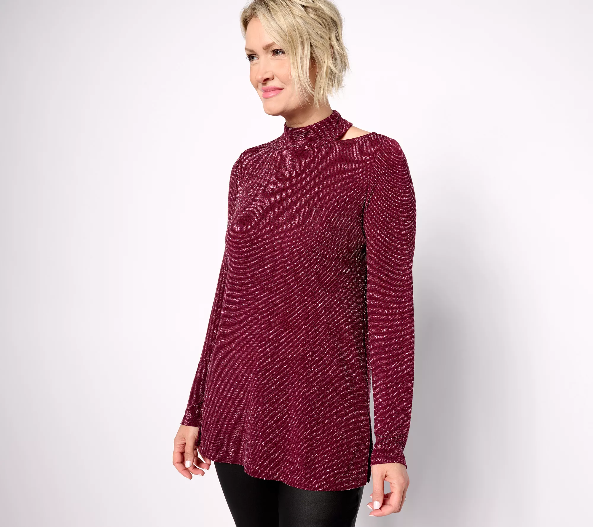 Susan Graver Occasions Petite Metallic Knit Cutout Mock-Neck Tunic