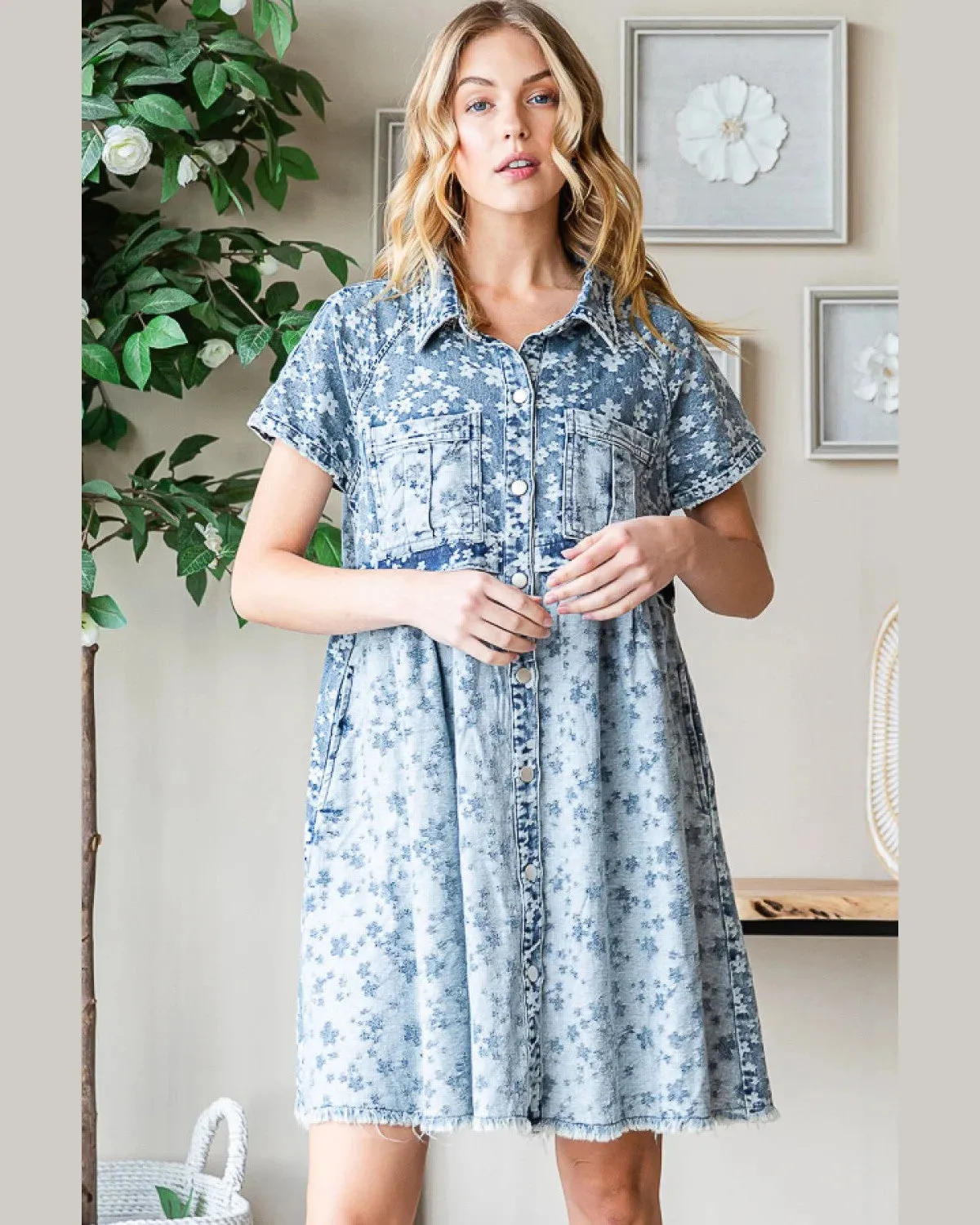 Washed Button Front Tunic Shirt Dress