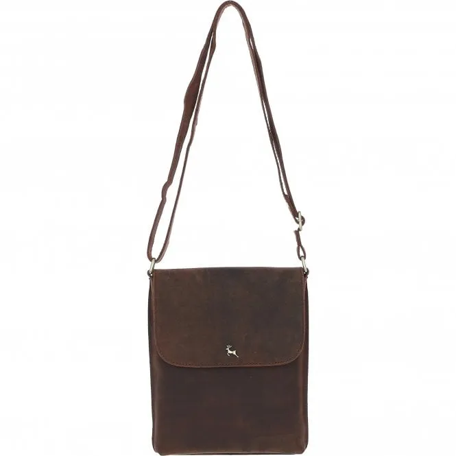 Womens  Flap Over Leather Cross Body Bag Mud/brown: Ela 1495